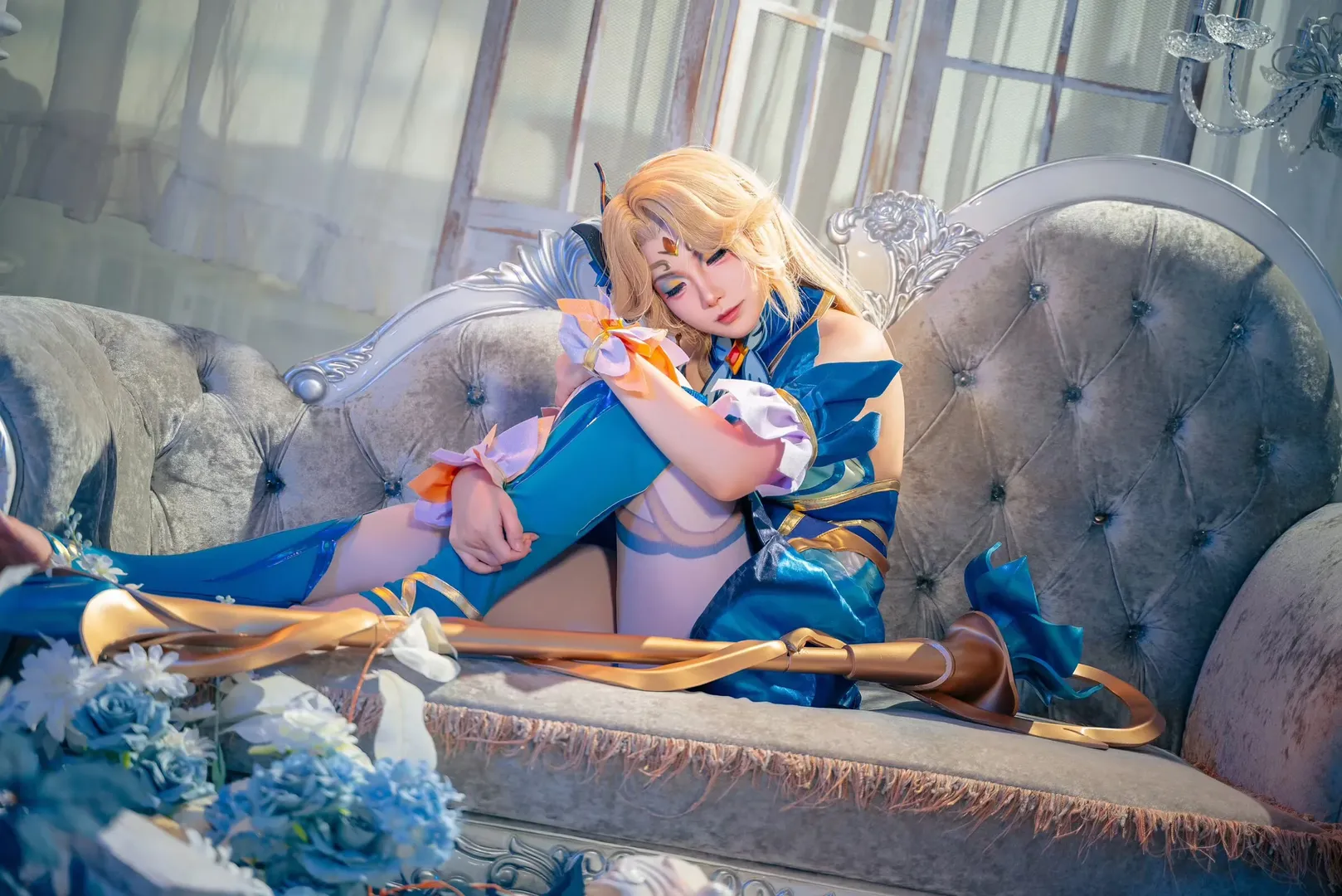Anime cosplay photography, Blue Gold Elf cosplay, White tights barefoot cosplay, European court style cosplay, Dreamy butterfly wings - Image 1