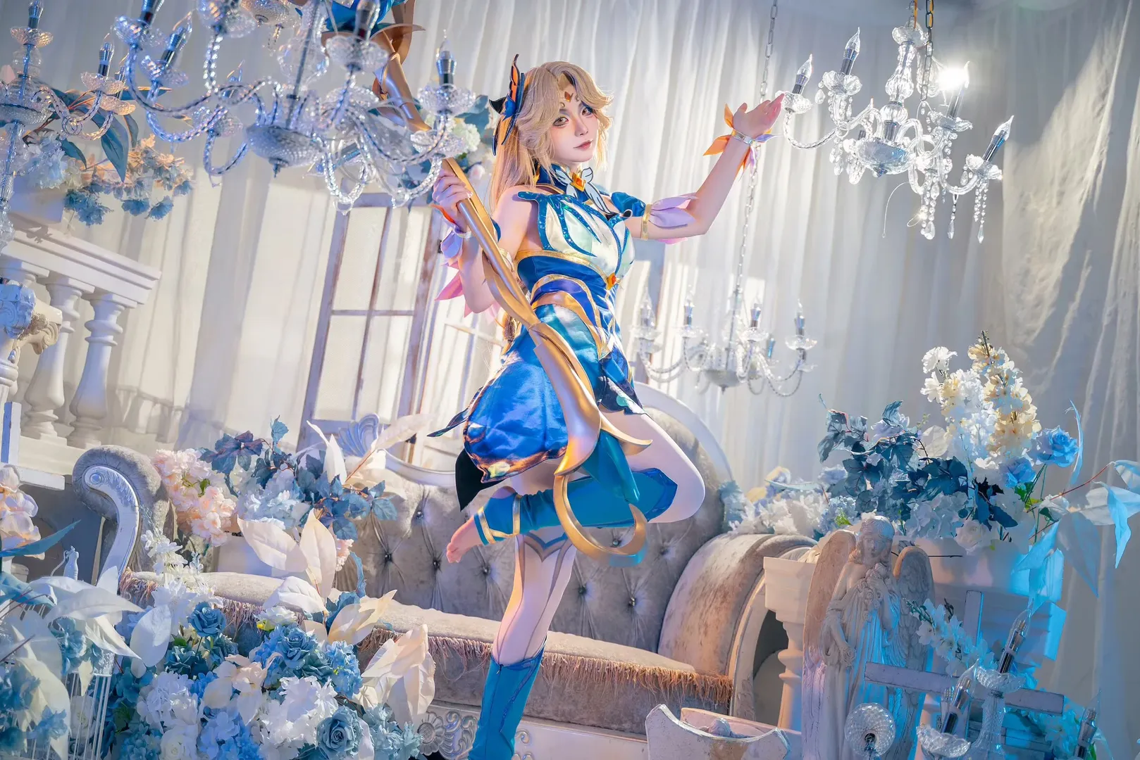 Anime cosplay photography, Blue Gold Elf cosplay, White tights barefoot cosplay, European court style cosplay, Dreamy butterfly wings - Image 5