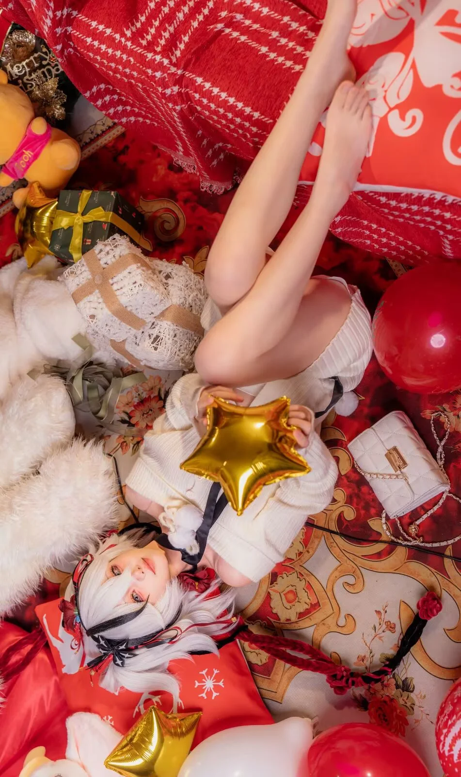 コスプレ写真, クリスマス・コスプレ, 白ニットコーデ, クリスマスの雰囲気, ホリデー撮影