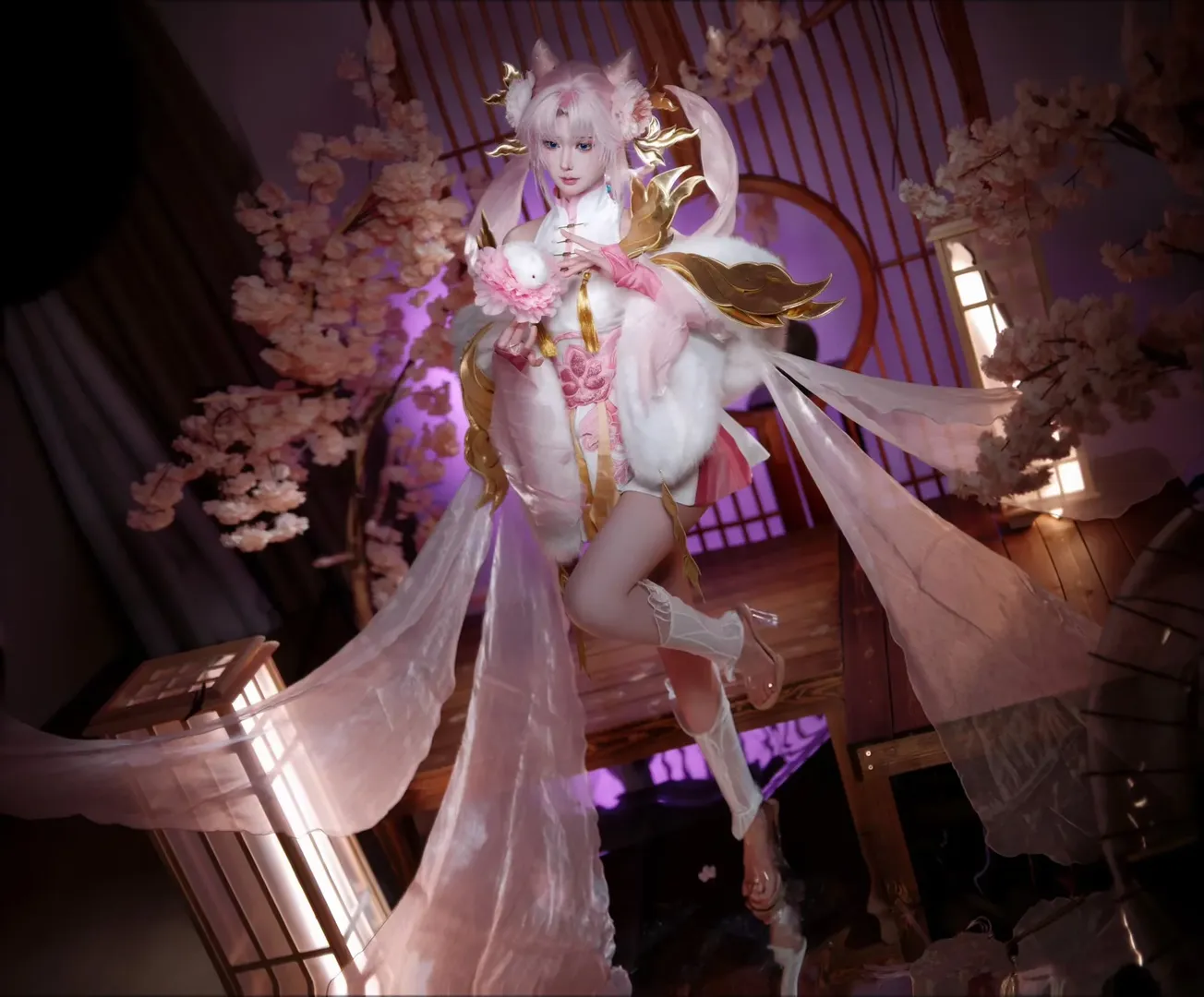 古風コスプレ, ピンク髪の少女, 狐耳獣娘, 仙侠衣装, ファーショール - 3枚目