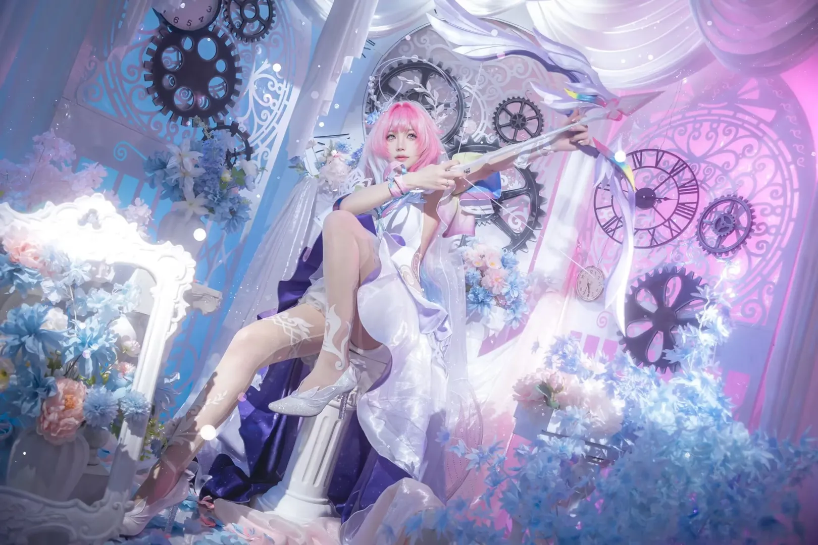 Pink wig styling, Dreamy style cosplay, Gear clock background, White stockings outfit, Cosplay photography post-processing - Image 1