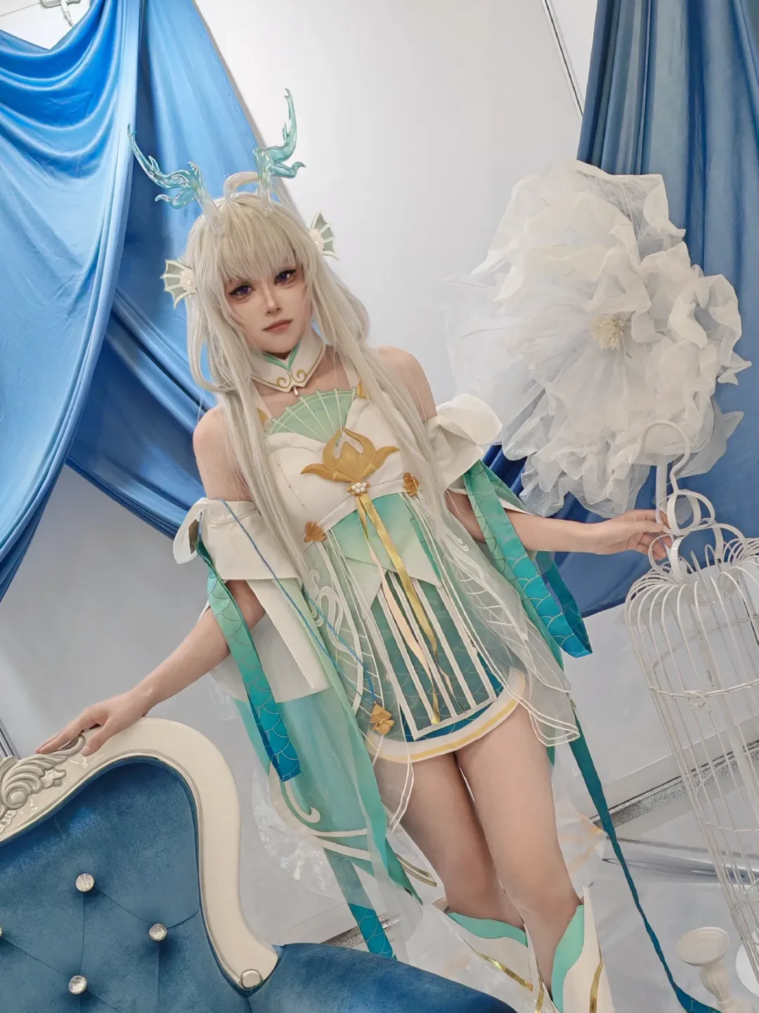 cosplay, 古风cos, 龙角造型, 梦幻写真, 蓝色纱裙