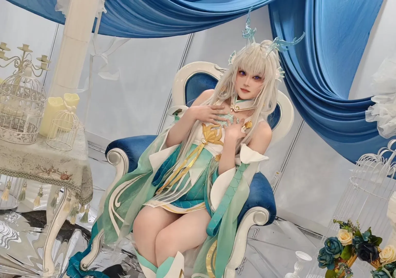 cosplay, 古风cos, 龙角造型, 梦幻写真, 蓝色纱裙 - 第2张