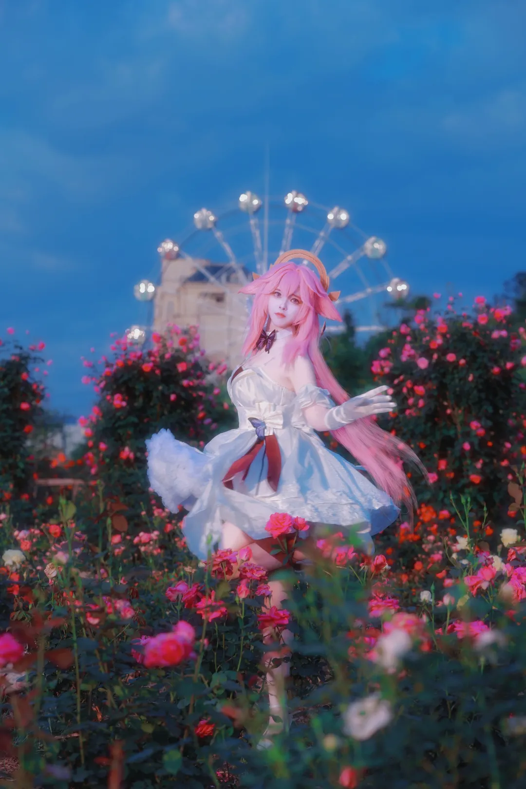 Genshin Impact, Yae Miko cosplay, Blue Hour, Atmospheric portrait, Amusement park photo shoot - Image 3