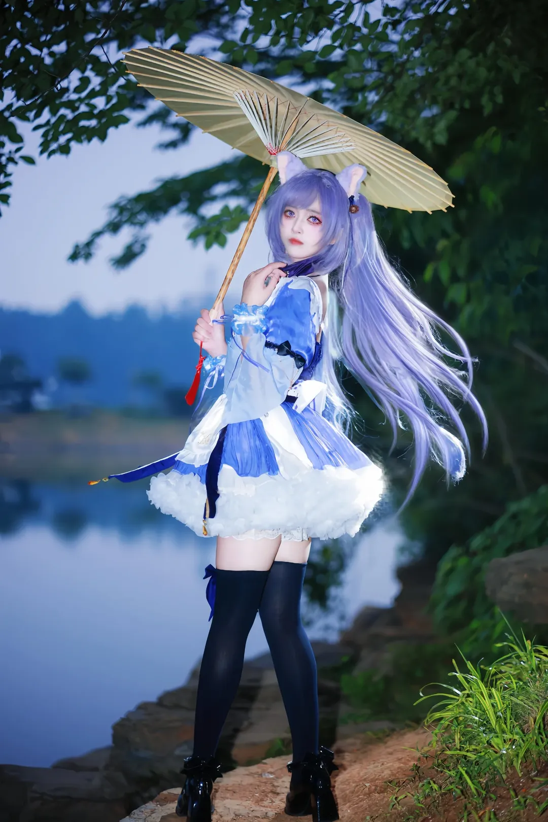 原神, 刻晴cos, 藍調時刻, cosplay攝影, 戶外人像