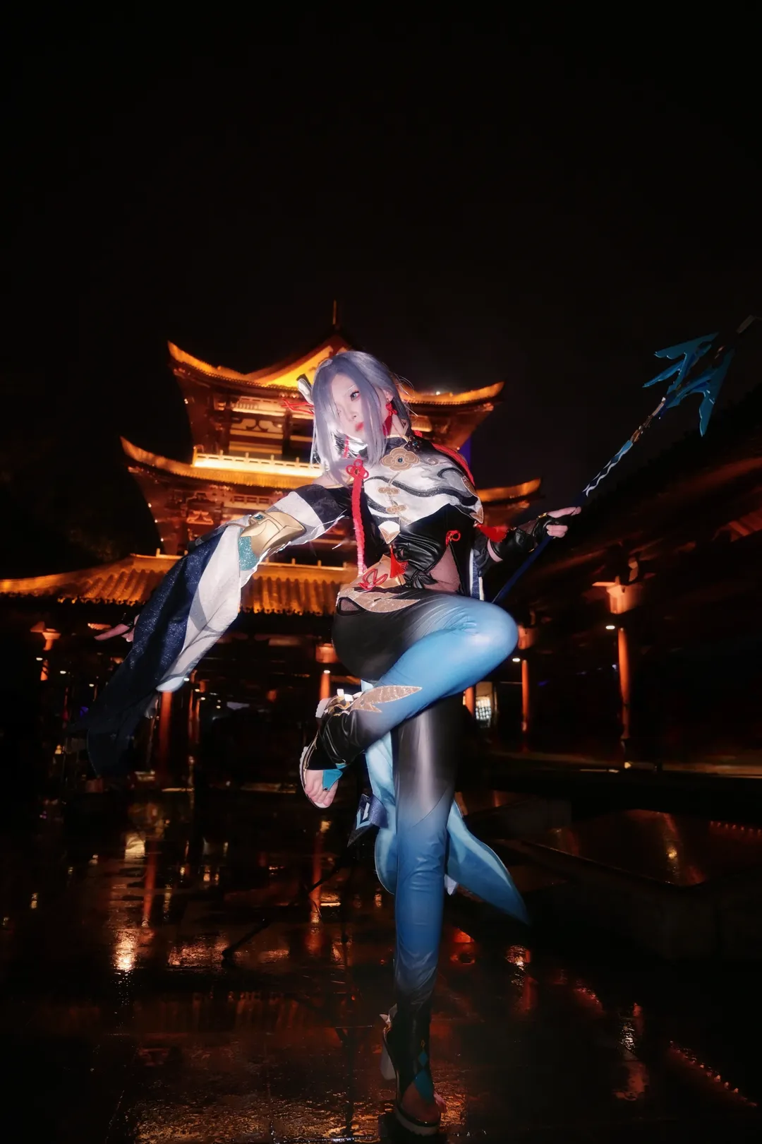 原神, 二次元摄影, 申鹤cos, 古风夜景, 长枪道具 - 第1张