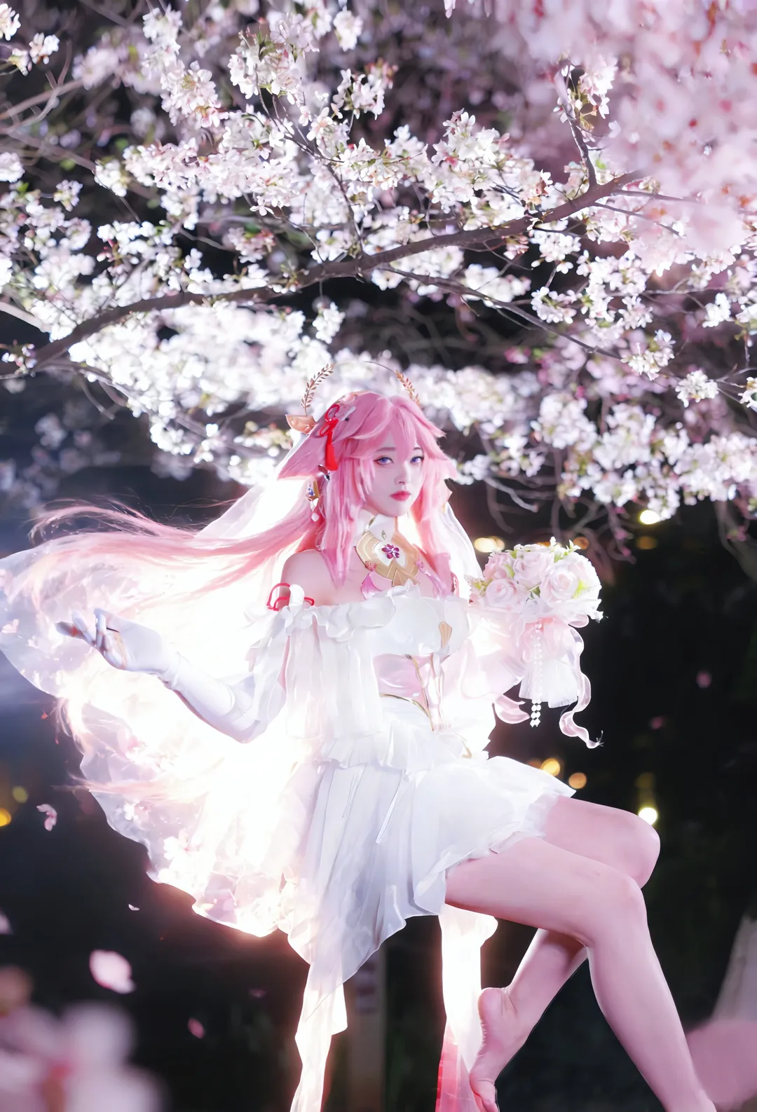 原神, 二次元摄影, 八重神子cos, 花嫁cosplay, 樱花夜景 - 第1张