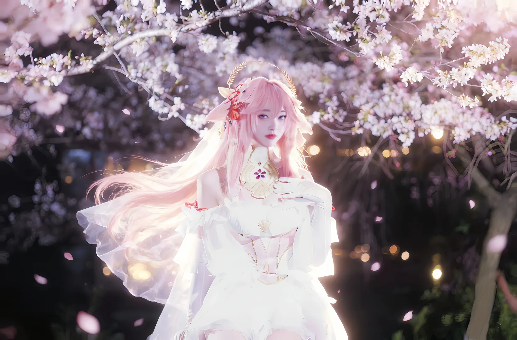 原神, 二次元摄影, 八重神子cos, 花嫁cosplay, 樱花夜景 - 第3张
