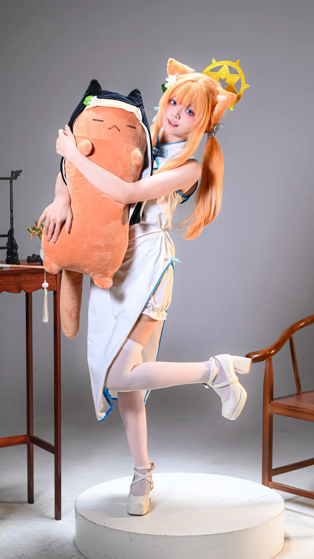 Anime-style photography, Blue Archive, White thigh-highs outfit, Iochi Mari cosplay, Cheongsam cosplay