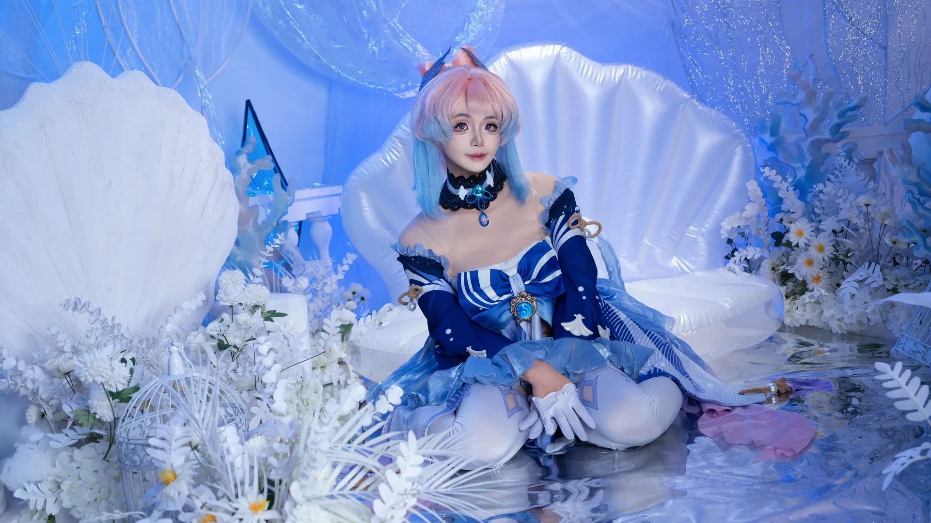 原神, 珊瑚宮心海 コスプレ, コスプレ撮影, 二次元風スタイル, 海洋テーマの背景