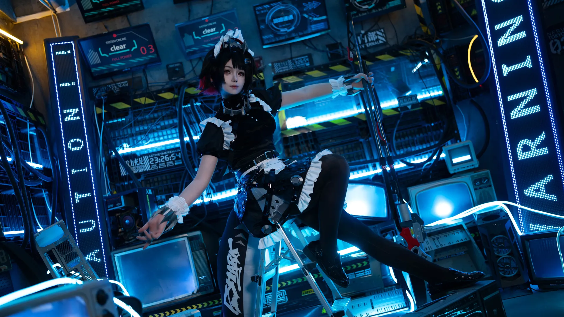 Zenless Zone Zero, Ellen Joe cosplay, Portrait photography, Cyberpunk maid, Sci-Fi atmosphere