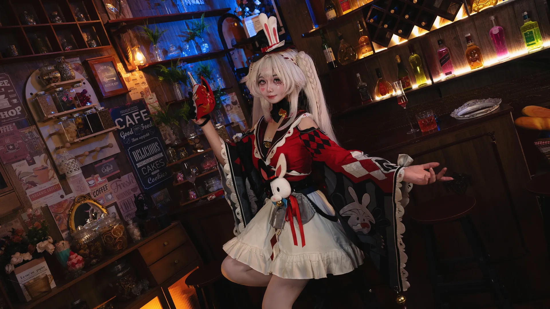 Honkai: Star Rail, Anime cosplay, Sparkle cosplay, Vintage bar photography, White-haired rabbit ear costume