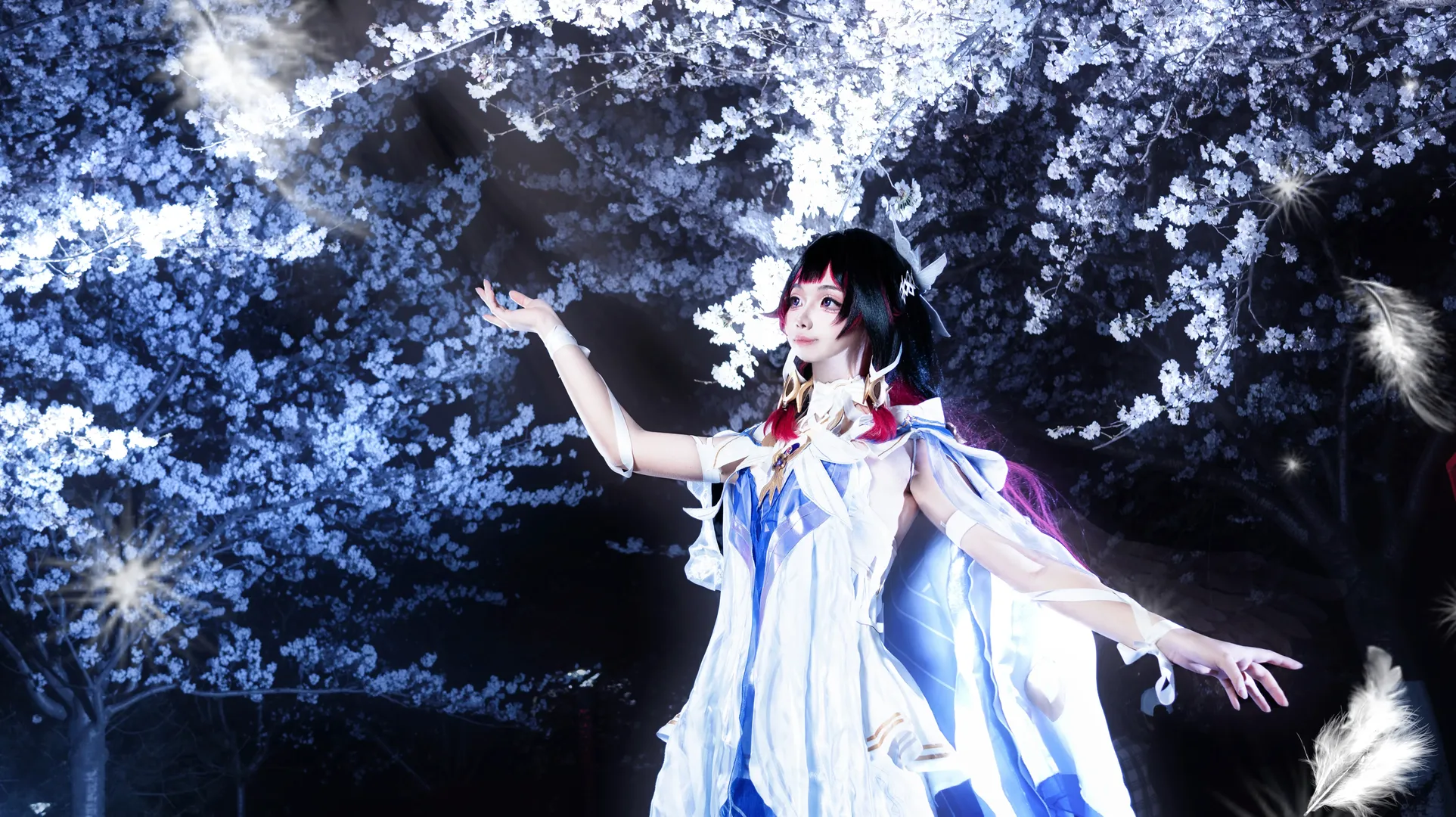 原神, 哥伦比娅cos, 二次元cosplay, 仙气造型, 夜景摄影