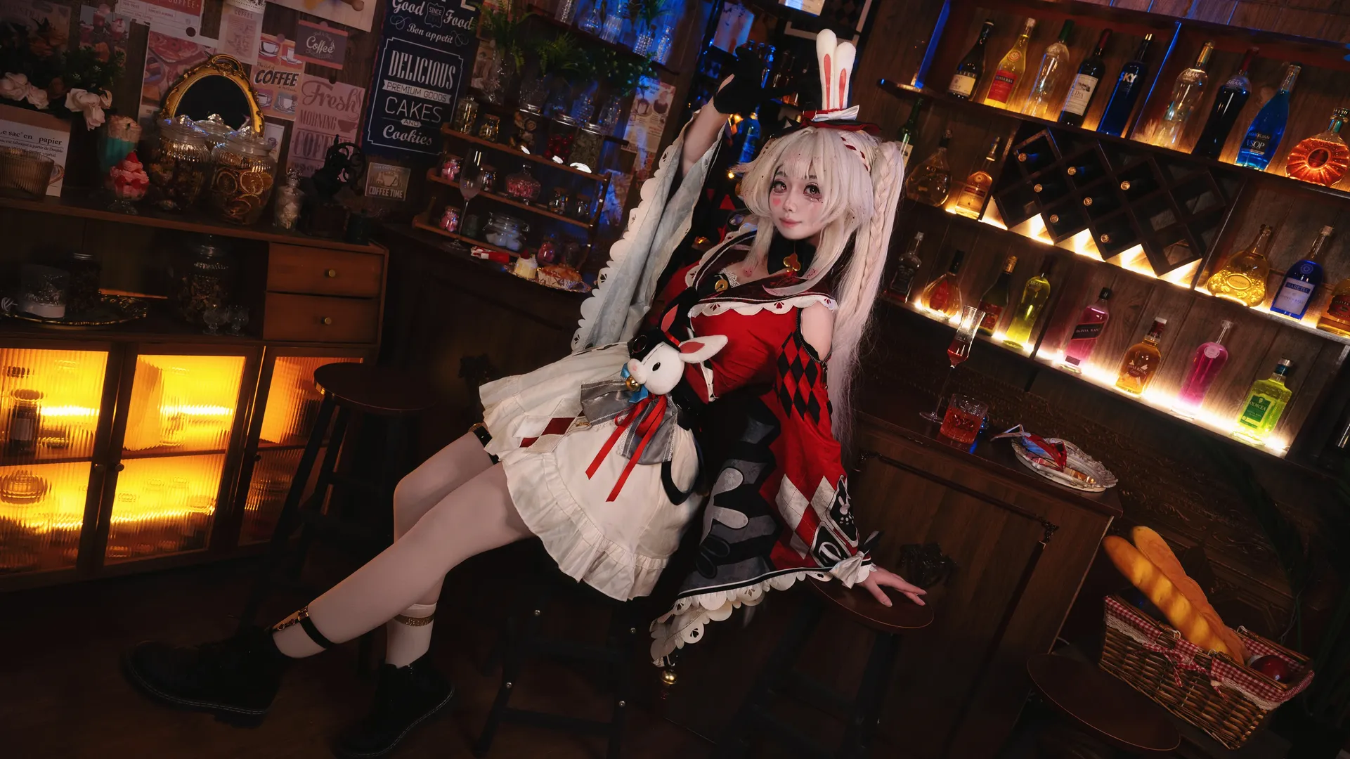 Honkai: Star Rail, Sparkle cosplay, Anime vibe, Bar counter portrait, Sock styling