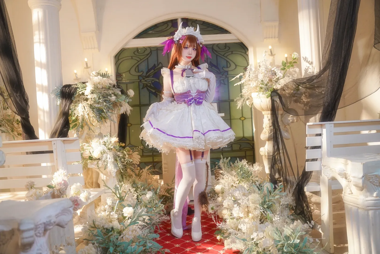 Azur Lane, Indoor photography, Kashino Cosplay, Maid outfit cosplay, White garter stockings