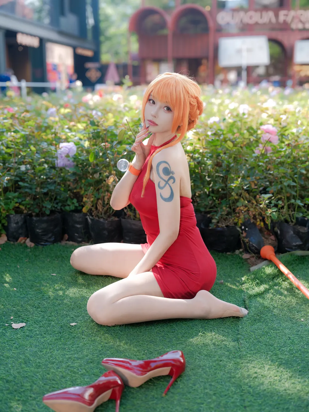 Outdoor photography, Nami cosplay, One Piece, Red dress outfit, Sunset orange hair color - Image 1