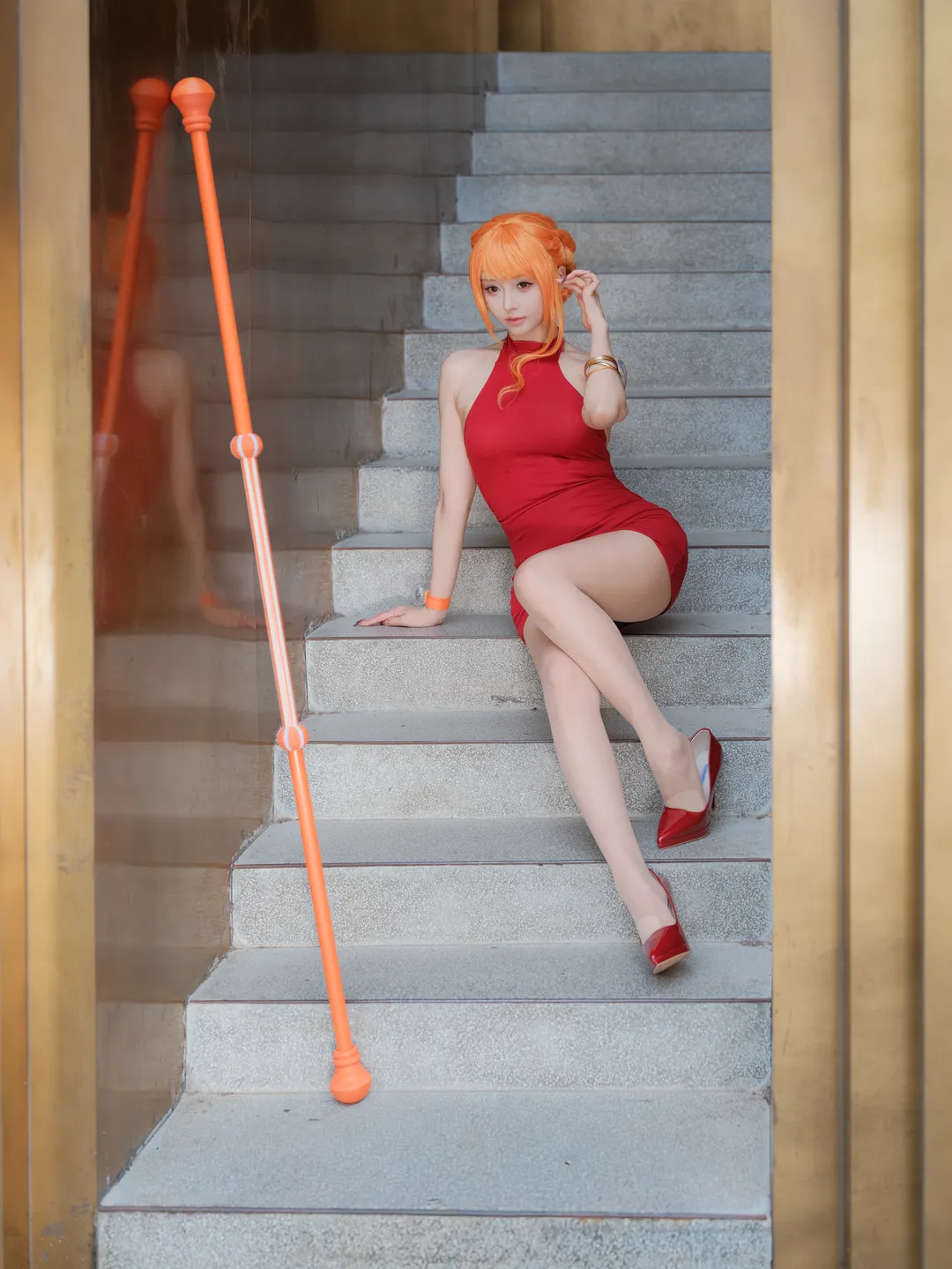 Outdoor photography, Nami cosplay, One Piece, Red dress outfit, Sunset orange hair color - Image 3