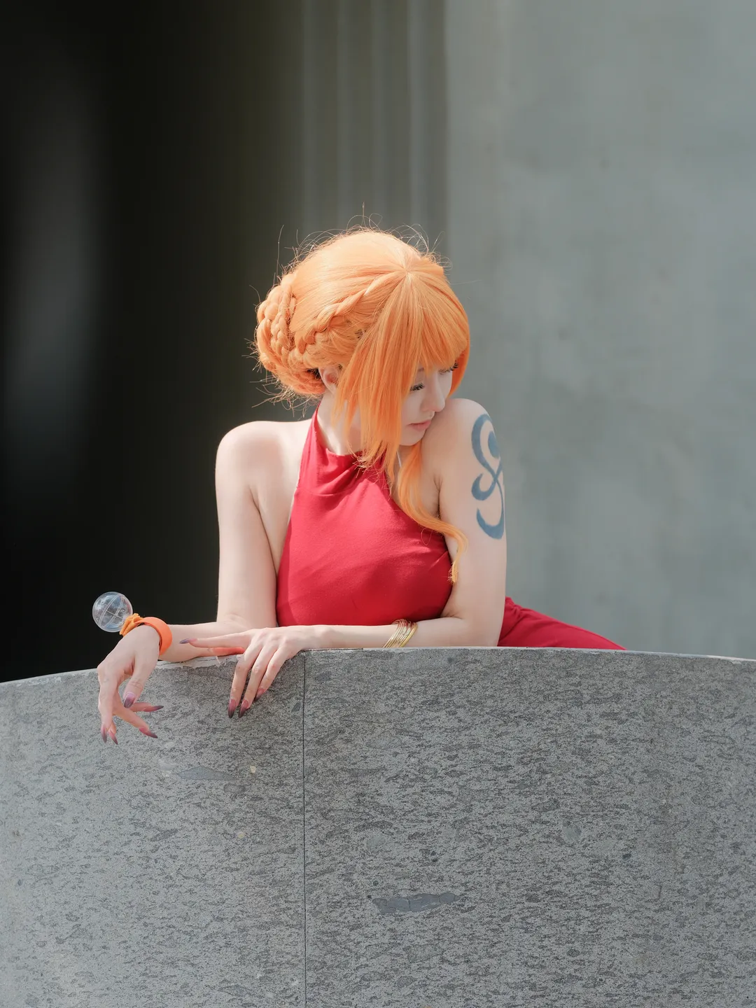 Outdoor photography, Nami cosplay, One Piece, Red dress outfit, Sunset orange hair color - Image 4