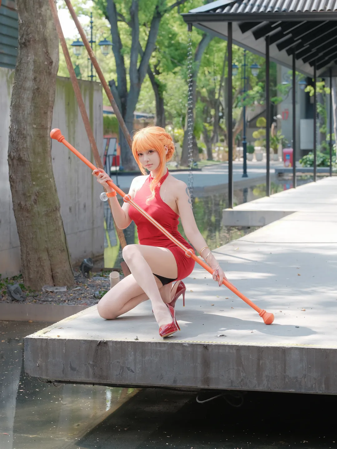Outdoor photography, Nami cosplay, One Piece, Red dress outfit, Sunset orange hair color - Image 5