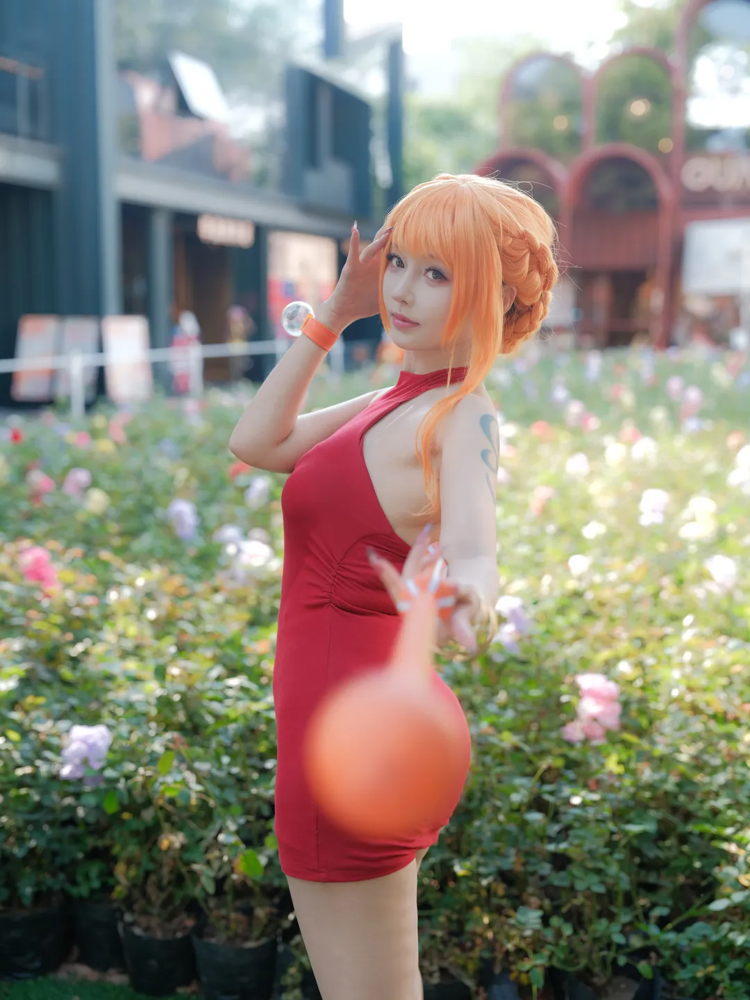 Outdoor photography, Nami cosplay, One Piece, Red dress outfit, Sunset orange hair color - Image 6