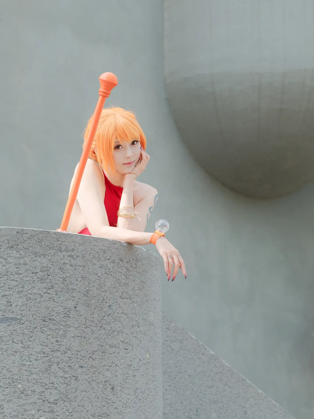 Outdoor photography, Nami cosplay, One Piece, Red dress outfit, Sunset orange hair color - Image 7