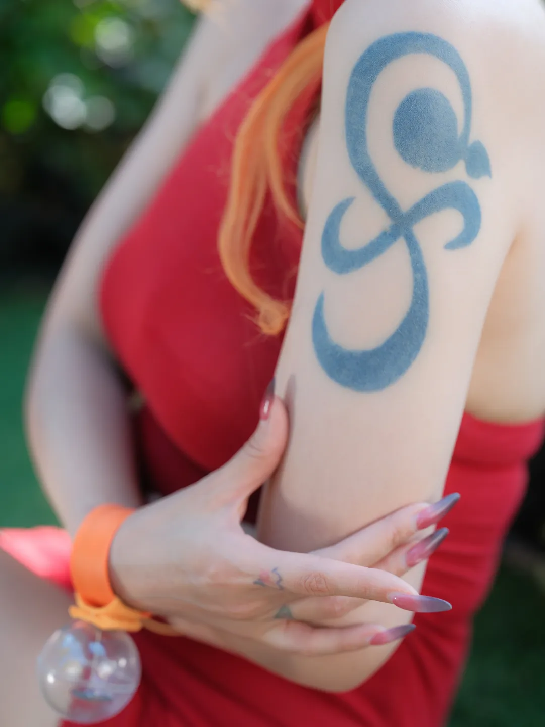 Outdoor photography, Nami cosplay, One Piece, Red dress outfit, Sunset orange hair color - Image 8