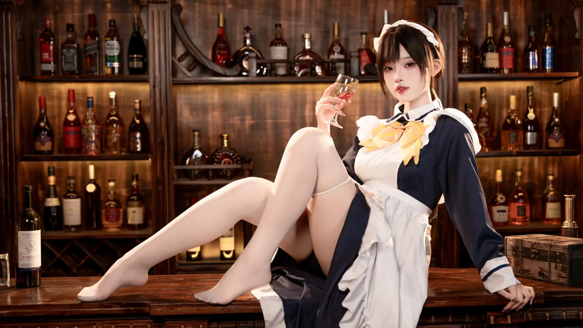四季夏目cos, galgame, 白丝穿搭, 女仆装cos, 复古酒吧摄影 - 第1张