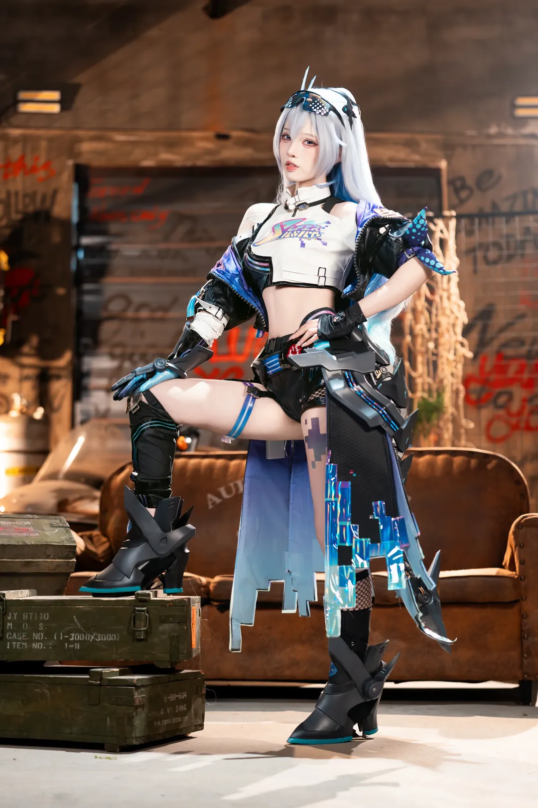 Anime-style photography, Honkai: Star Rail, Cyberpunk, Silver Wolf cosplay, Techwear outfit