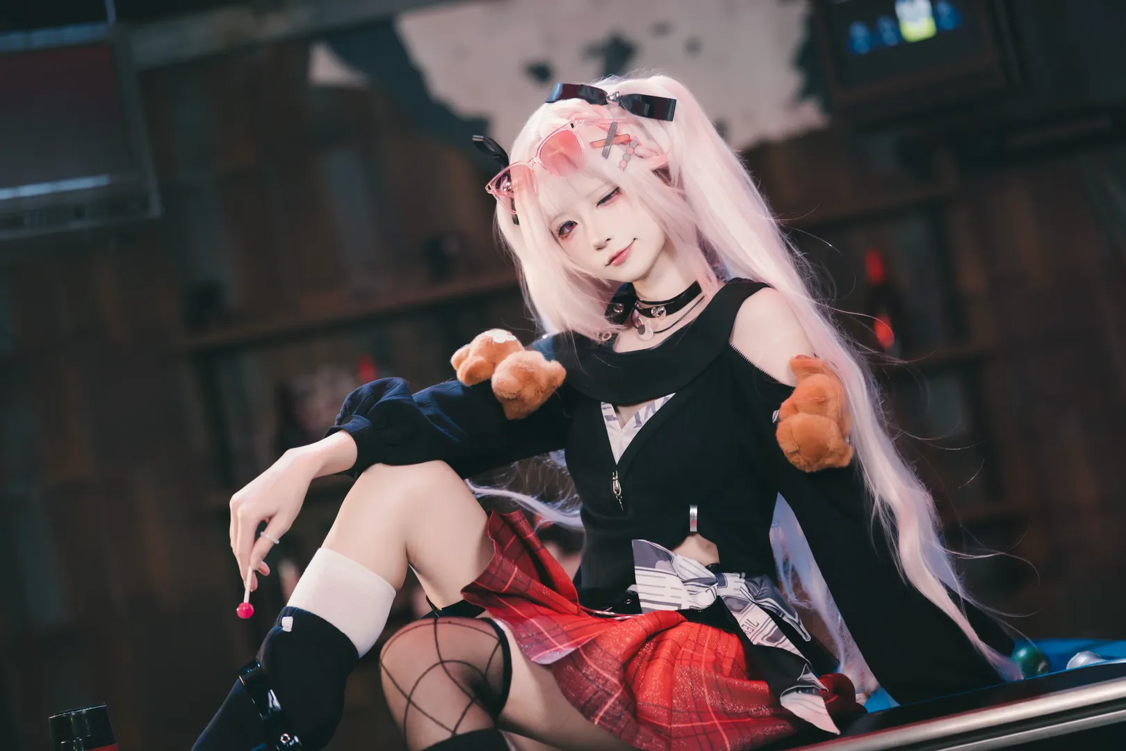 Anime-style photography, Honkai: Star Rail, Sparkle cosplay, Cosplay outfit, Motorcycle pool hall scene
