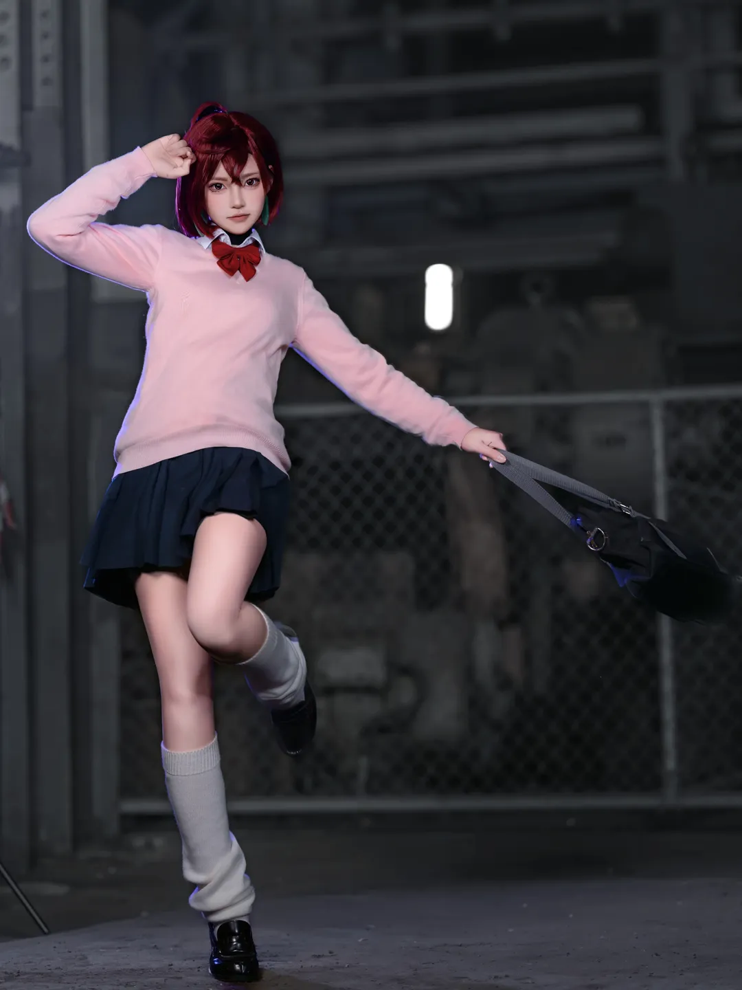 Momo Ayase cosplay, Dandadan, Parrot Island photography, Industrial style cosplay, Pink sweater outfit