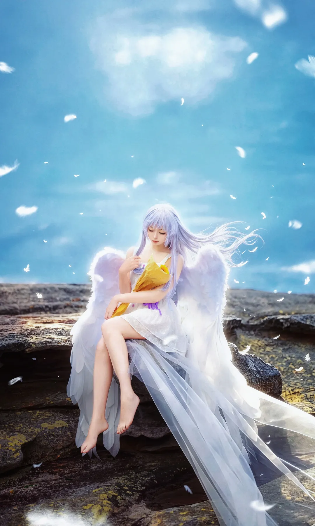 White dress cosplay, Kanade Tachibana cosplay, Feathered wings, Angel Beats!, Sky photography