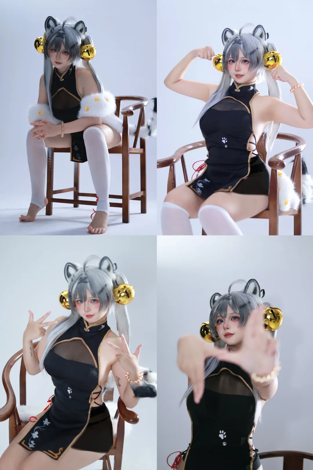二次元コスプレ, 白虎娘 コスプレ, 獣耳娘, スタジオ撮影, 黒いチャイナドレス - 1枚目