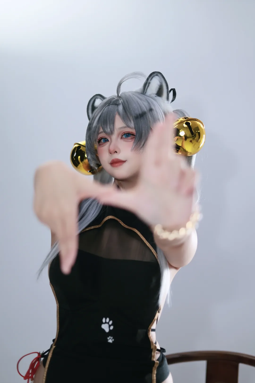 二次元コスプレ, 白虎娘 コスプレ, 獣耳娘, スタジオ撮影, 黒いチャイナドレス - 4枚目