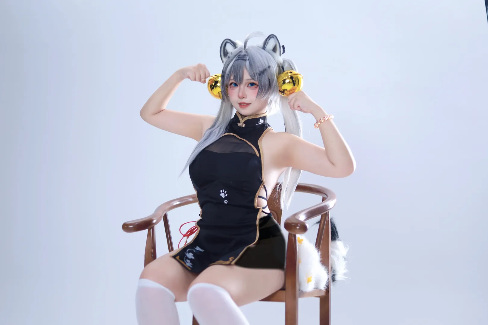 二次元コスプレ, 白虎娘 コスプレ, 獣耳娘, スタジオ撮影, 黒いチャイナドレス