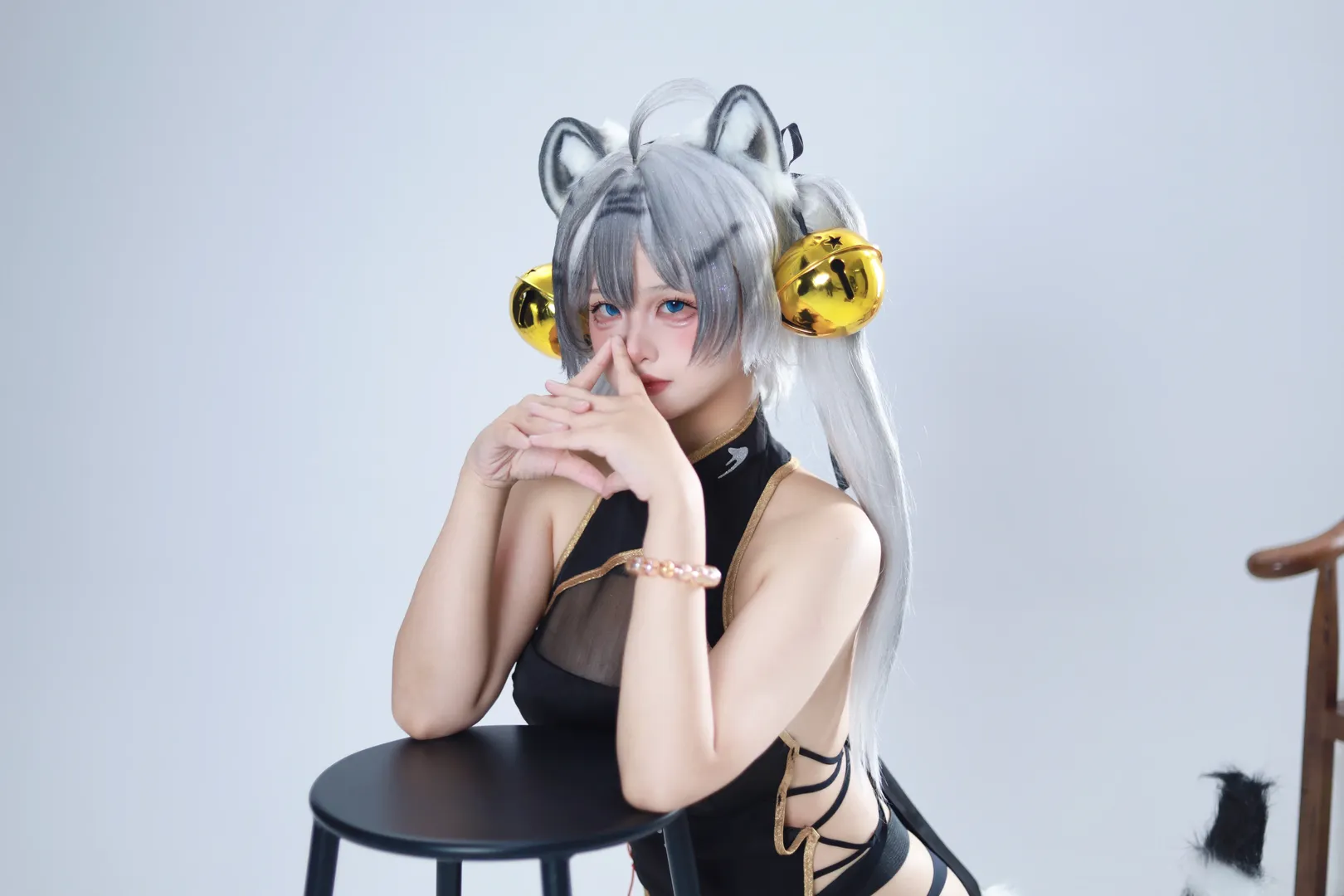 二次元コスプレ, 白虎娘 コスプレ, 獣耳娘, スタジオ撮影, 黒いチャイナドレス - 6枚目