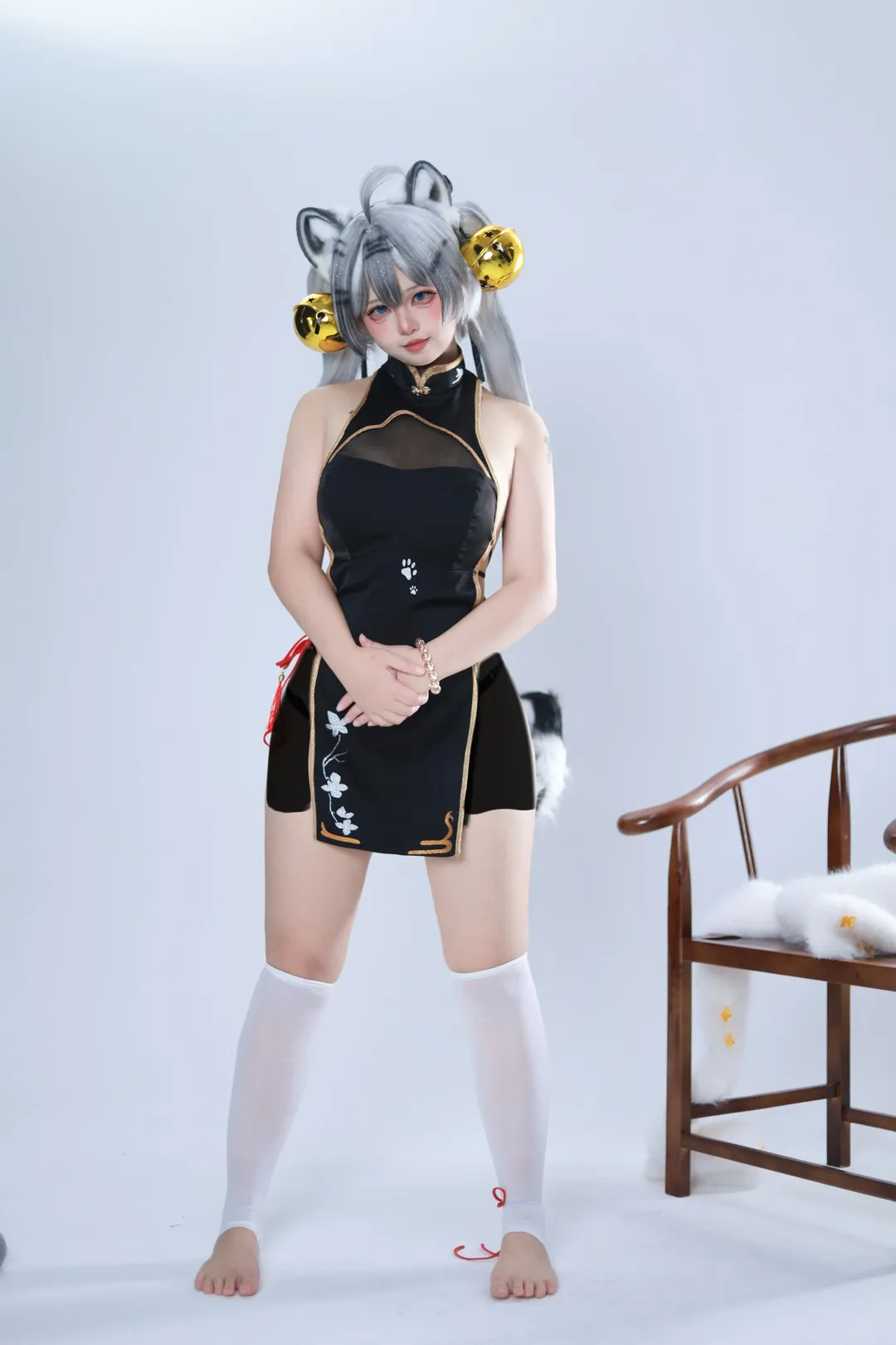 二次元コスプレ, 白虎娘 コスプレ, 獣耳娘, スタジオ撮影, 黒いチャイナドレス - 7枚目