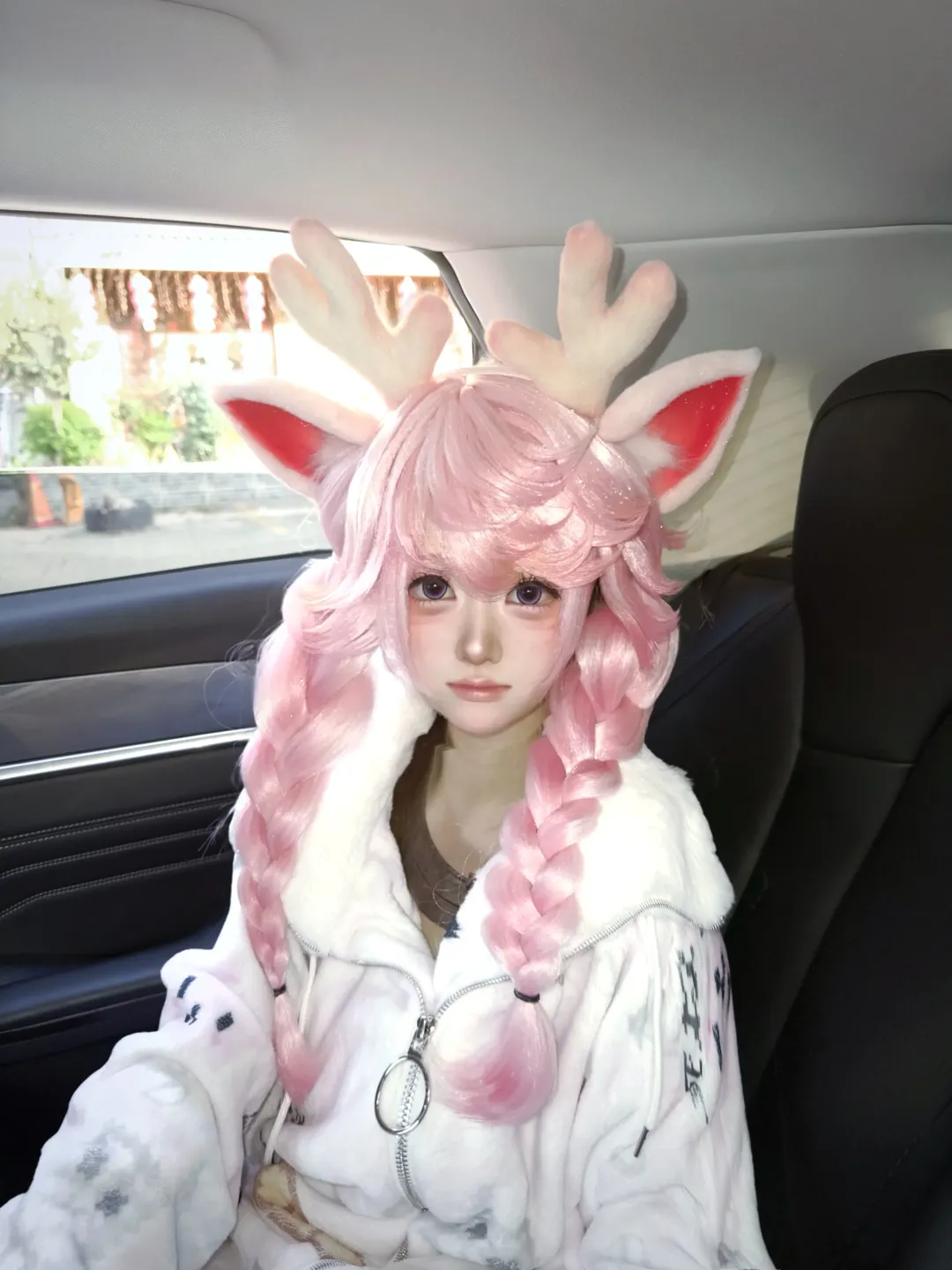 王者荣耀, 瑶cos, cosplay分享, 粉发双麻花辫, 鹿角头饰