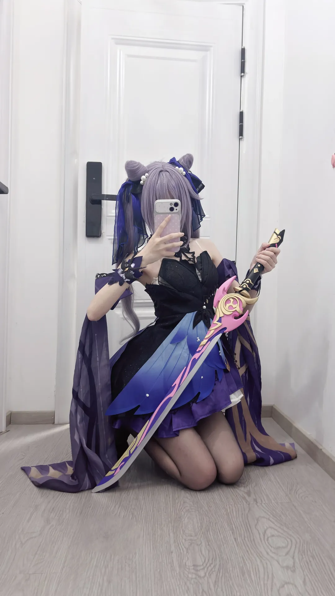 原神, 刻晴cos, 对镜自拍, cosplay穿搭, 黑丝高跟 - 第1张