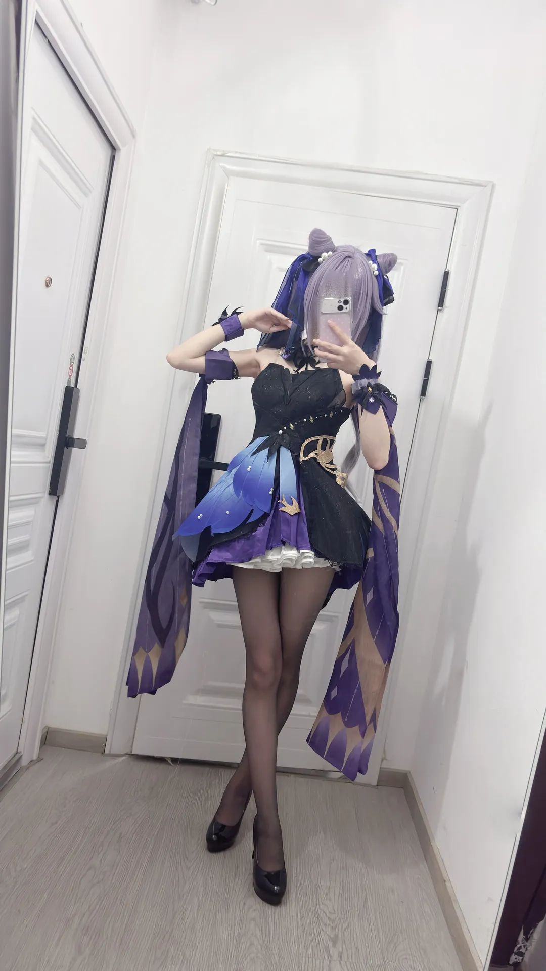 原神, 刻晴cos, 对镜自拍, cosplay穿搭, 黑丝高跟