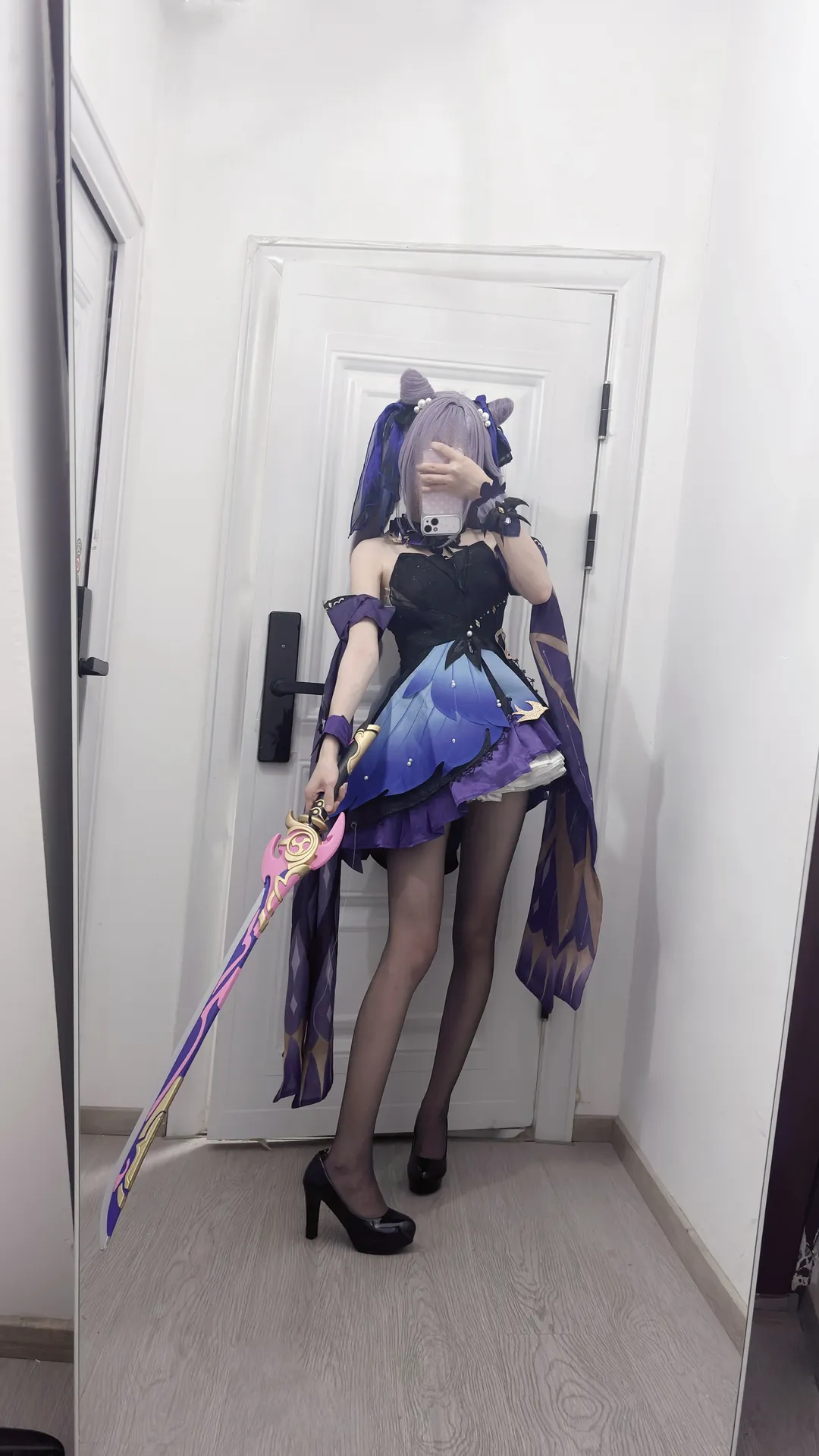 原神, 刻晴cos, 对镜自拍, cosplay穿搭, 黑丝高跟 - 第3张