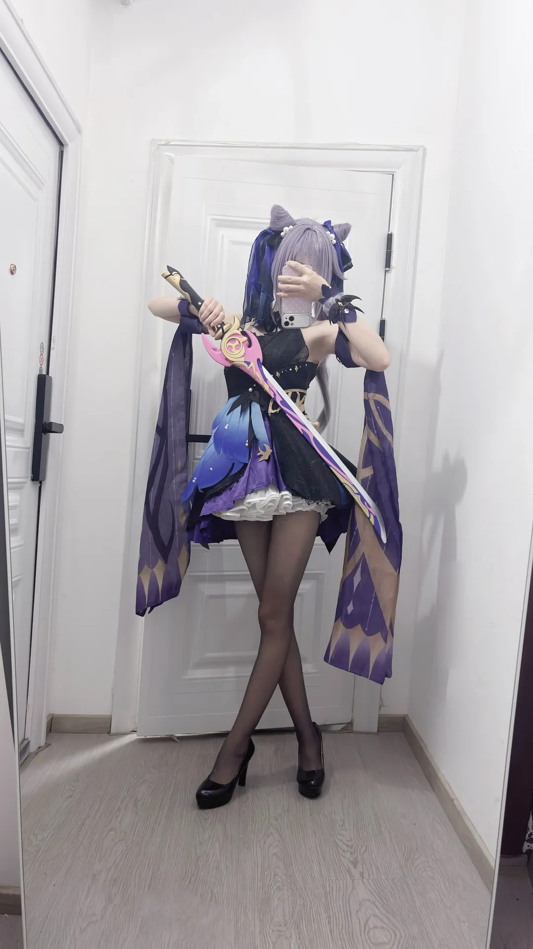 原神, 刻晴cos, 对镜自拍, cosplay穿搭, 黑丝高跟 - 第4张