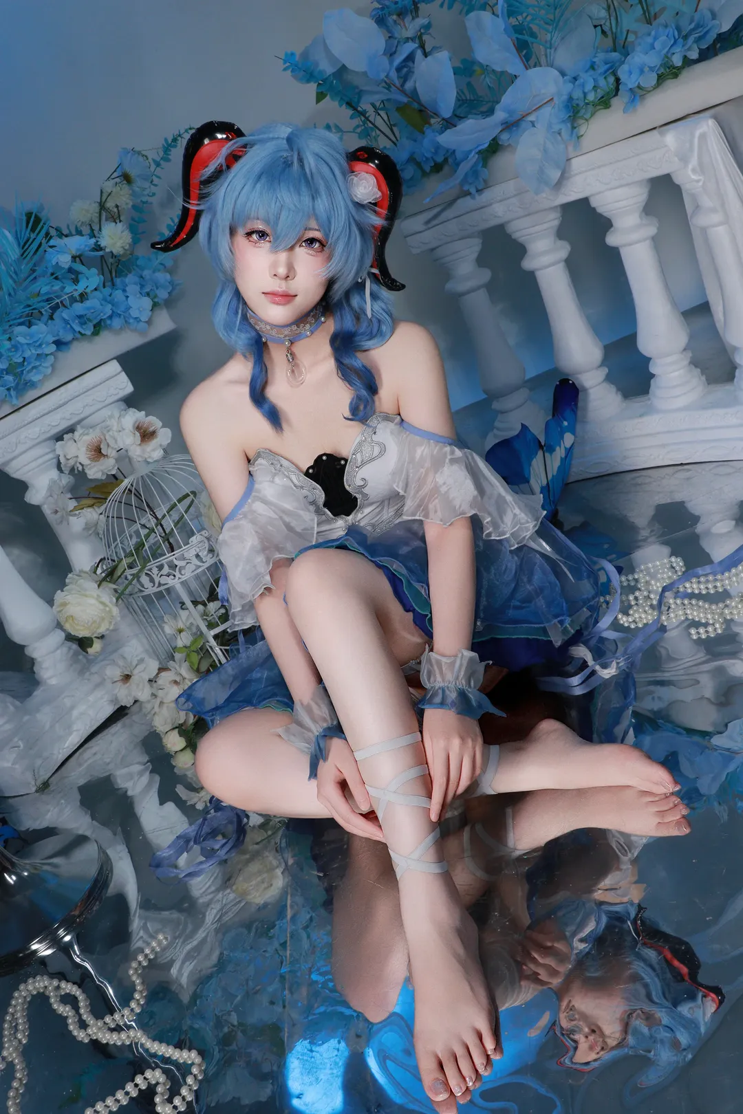 原神, 甘雨cos, cosplay, 蓝发, 镜面摄影