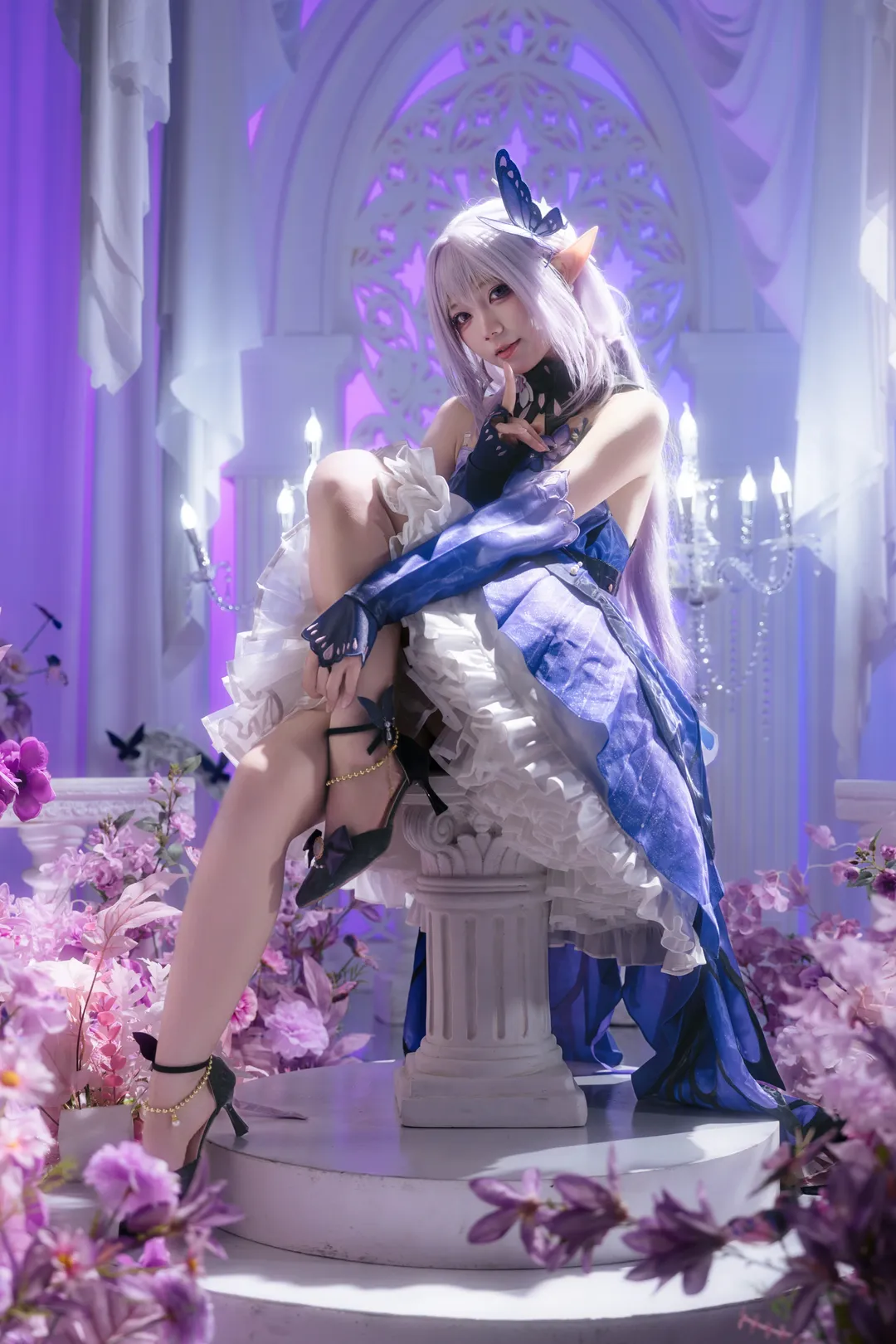 Anime-style photography, Honkai: Star Rail, Castorice cosplay, Butterflies dancing, Cosplay styling