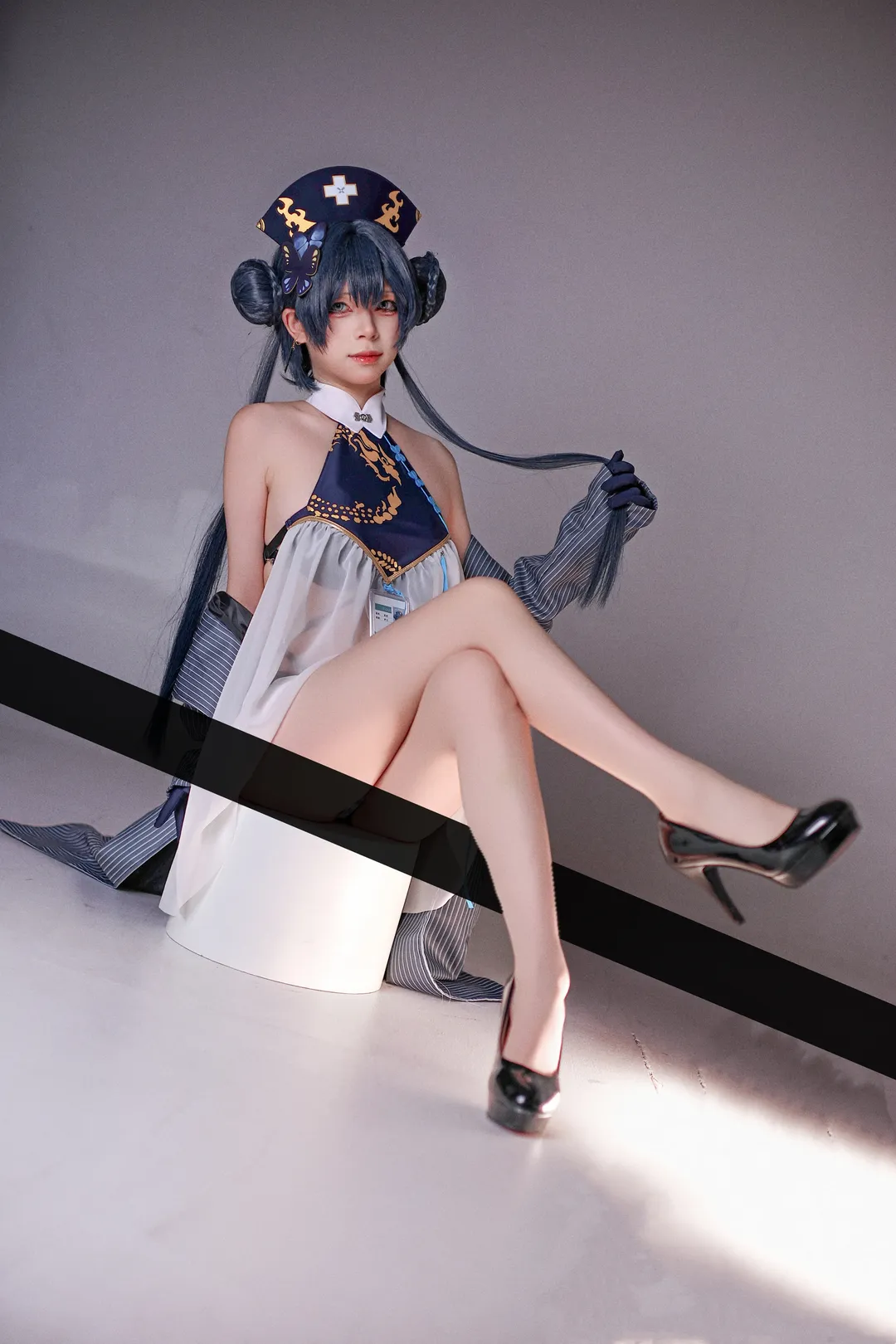 Misaki cosplay, Studio portrait, Blue-grey space buns, Nurse cosplay, Black patent high heels