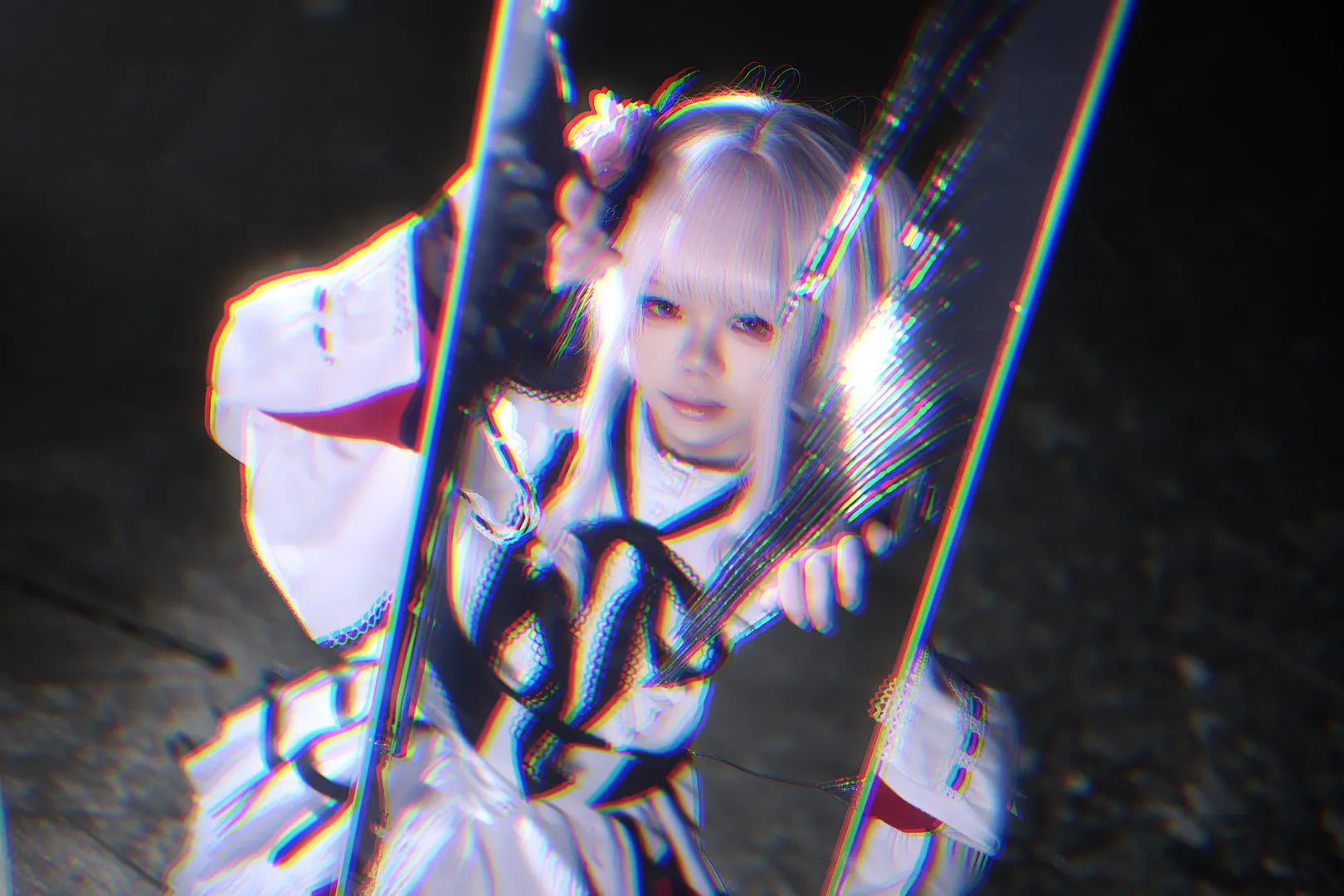 Anime girl, Cosplay photography, Mizuki Akiyama cosplay, Chromatic aberration effect, Shattered mirror style