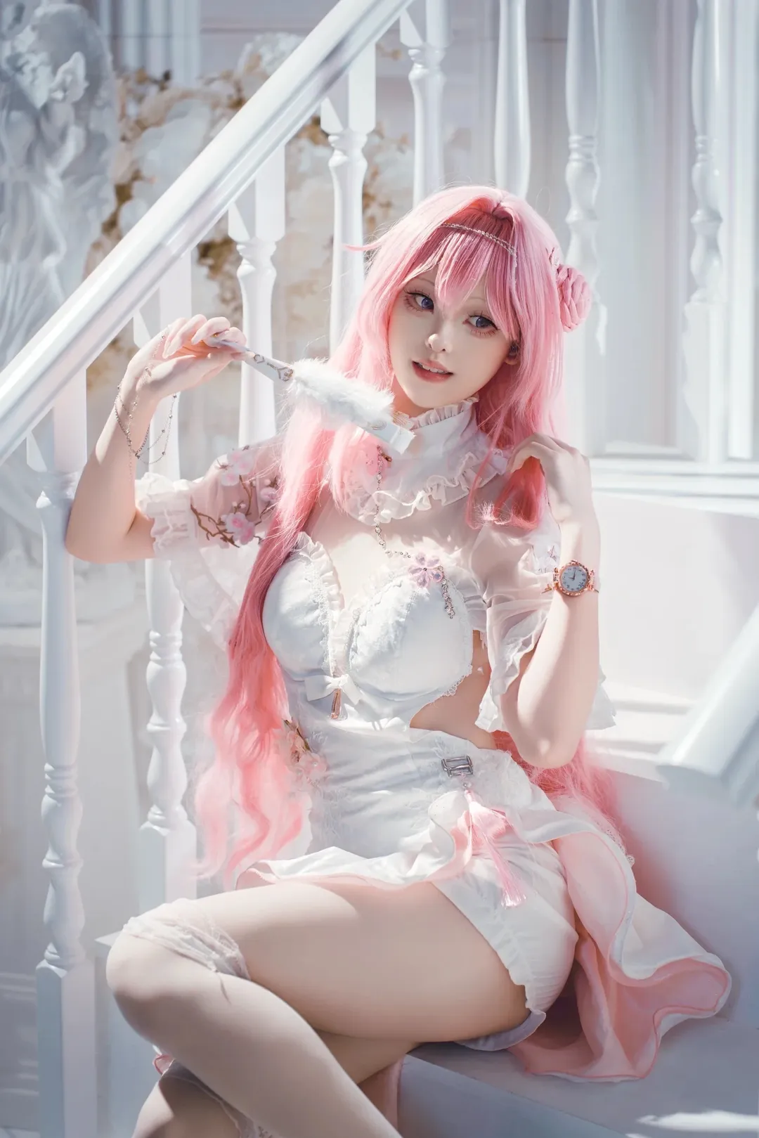 Anime cosplay, Goddess of Victory: NIKKE, Dorothy cosplay, Pink hair cosplay, Pure white staircase