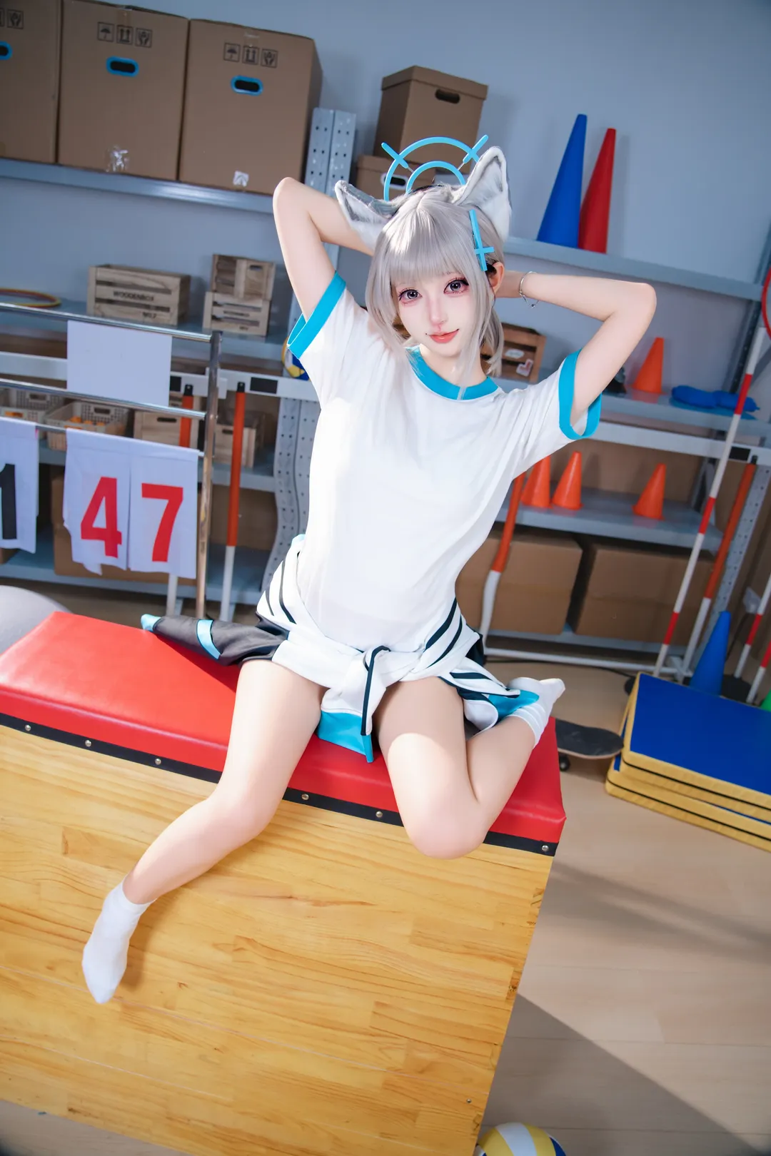 Blue Archive, Anime cosplay, Iochi Mari cosplay, Gymnastics uniform cosplay, Campus style photography