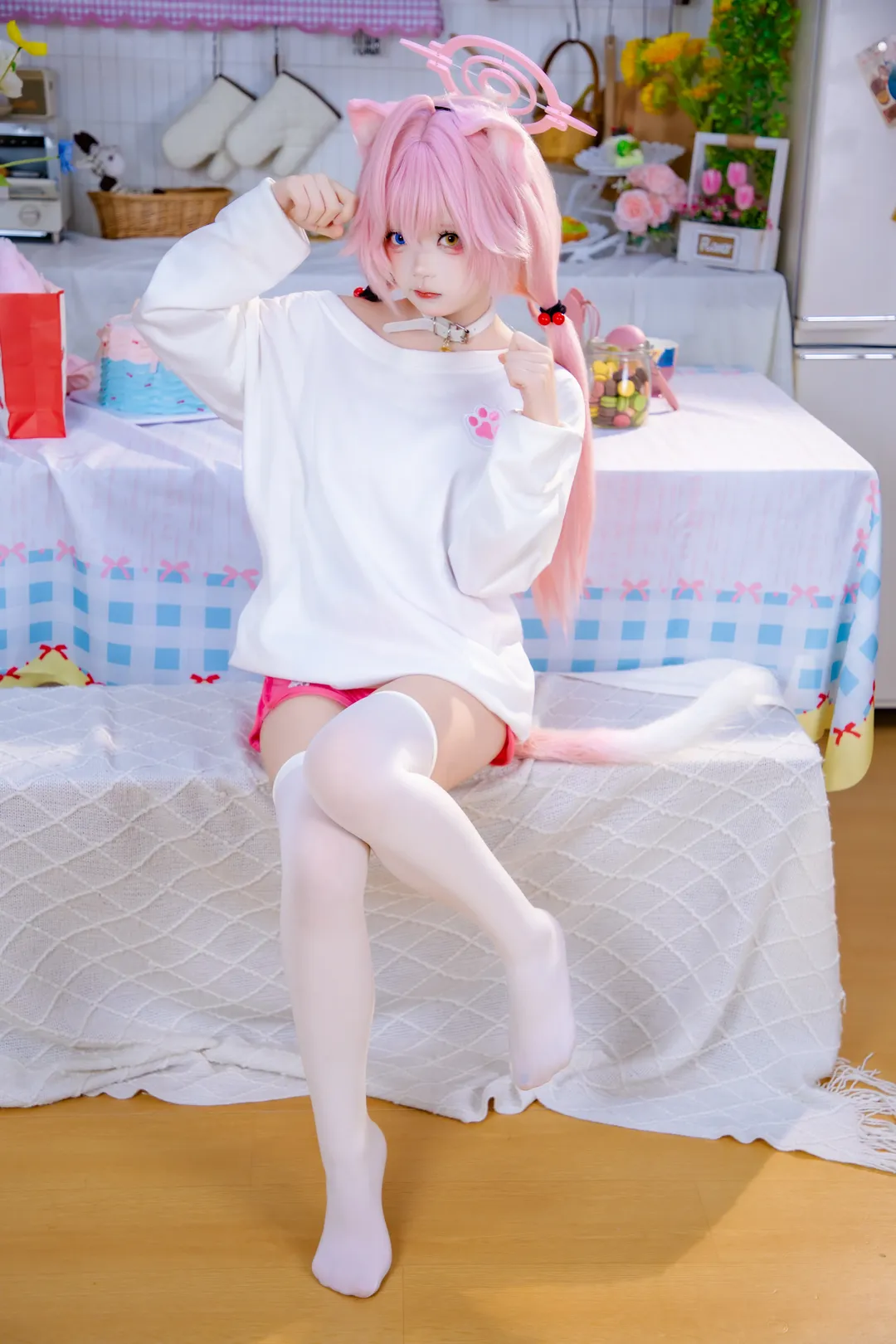蔚蓝档案, 小鸟游星野cos, 居家风cos, 白丝cos, 粉发二次元