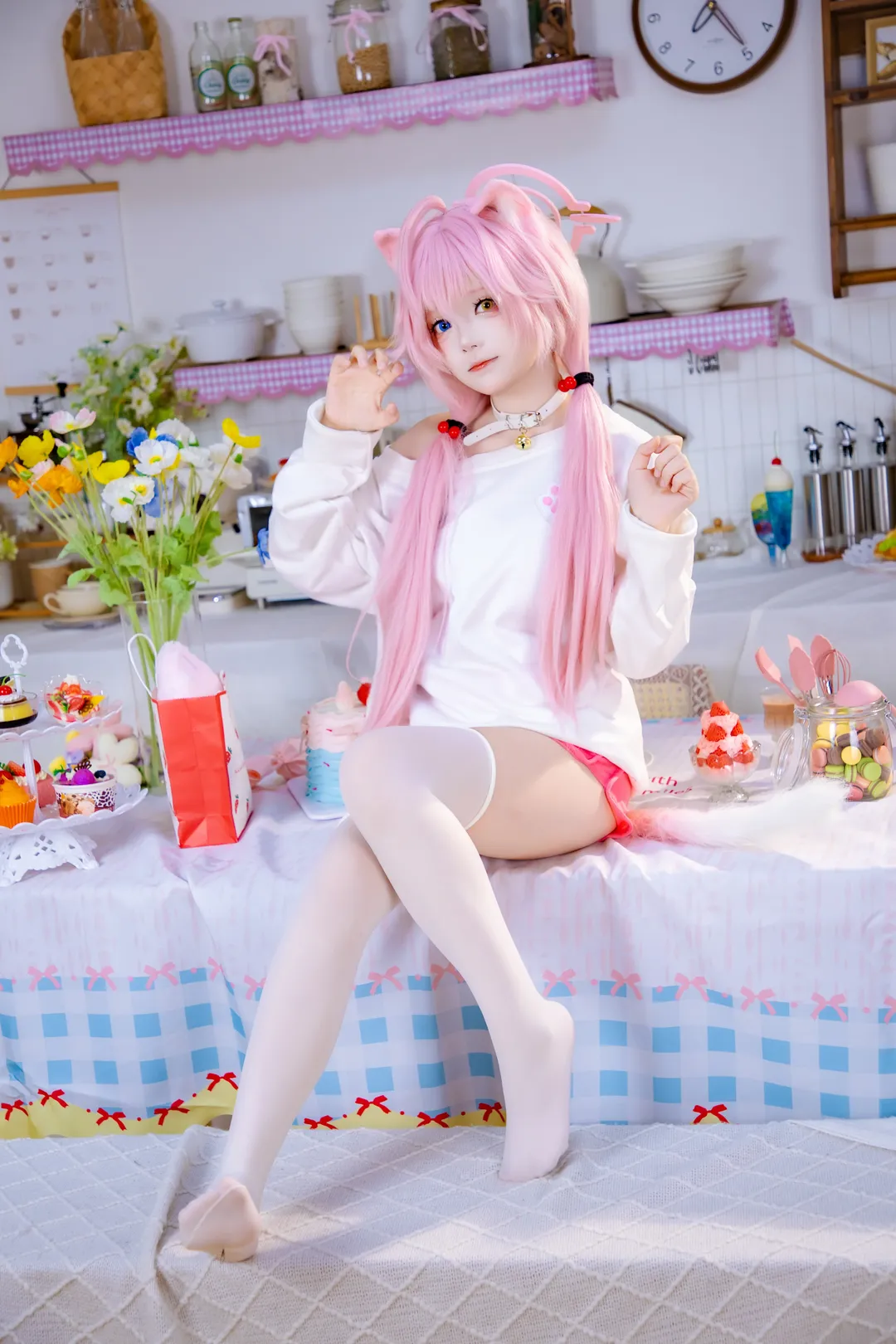 蔚蓝档案, 小鸟游星野cos, 居家风cos, 白丝cos, 粉发二次元 - 第6张