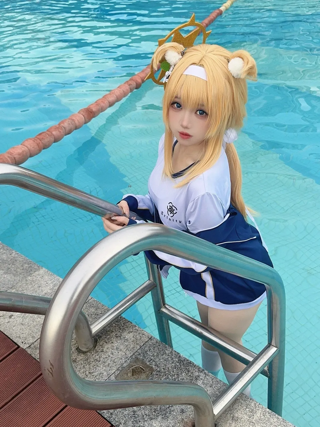 Blue Archive, White thigh-highs outfit, Iochi Mari cosplay, Pool photoshoot, Iochi Mari (Gym ver.)